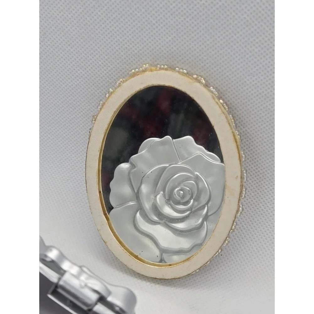Antique Pink White Pearl Beaded Hand Purse Mirror 3.5